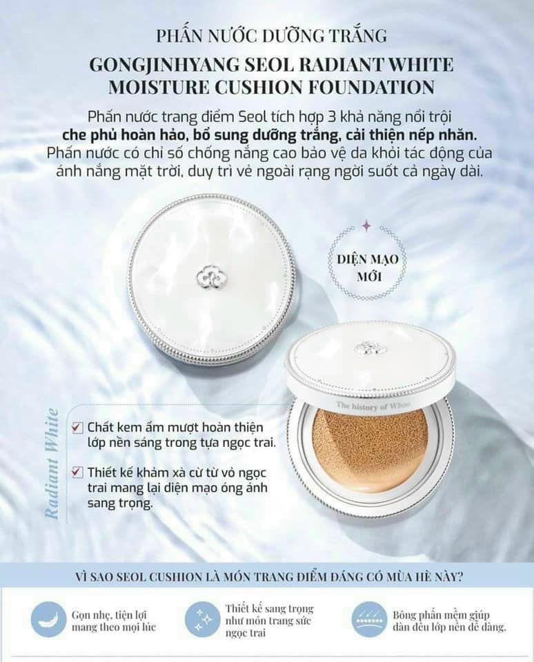 Phấn Nước Whoo Tách Set Cushion trang điểm dưỡng trắng Gongjinhyang Seol Radiant White Moisture Cushion Foundation SPF50PA2